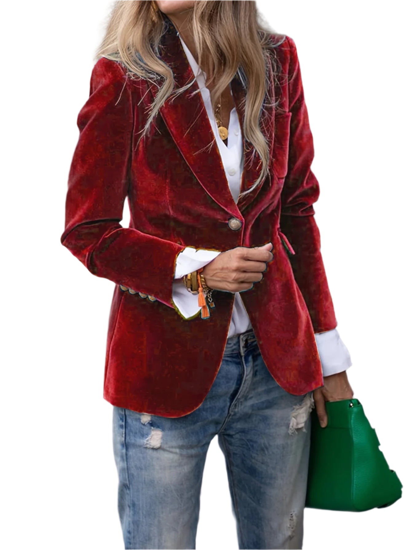 Klassisk dameblazer med gullknapper, perfekt for tidløs eleganse og stilfull kontorstil.