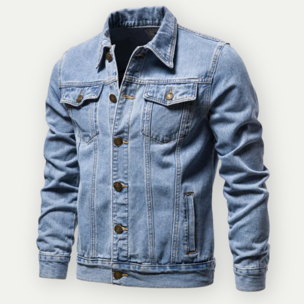 Mørkeblå herre denim truckerjakke. Slitesterk og stilig vår-/høstjakke. Essensiell klassisk jakke for menn.