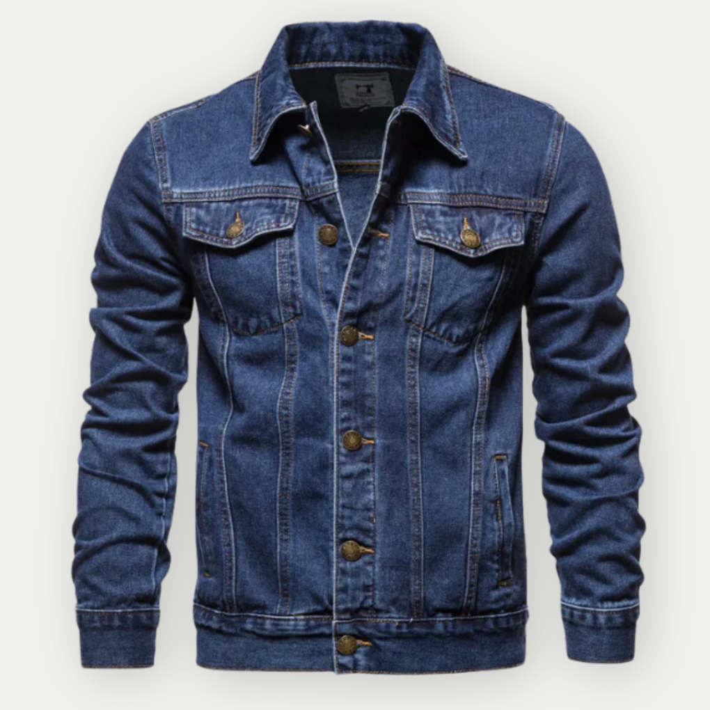 Svart herre denim truckerjakke for en kul, klassisk stil. Allsidig fritidsjakke, ideell for alle anledninger.