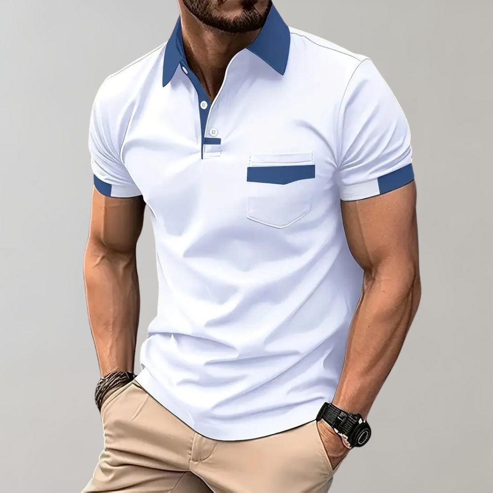 Stilfull herre skjorte, polo-modell i pustende polyester. Klassisk antrekk for enhver anledning.