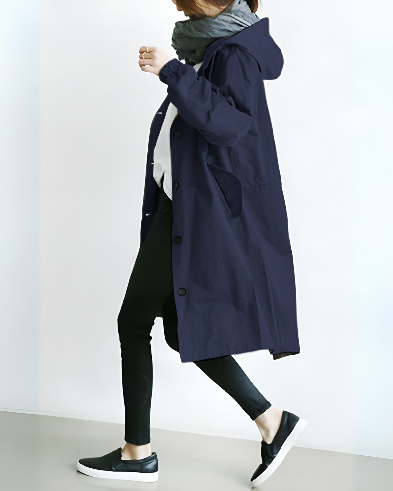 Høst- og vinterkåpe: Elegant trenchcoat for kvinner med hette og løs passform. Ideell yttertøy.