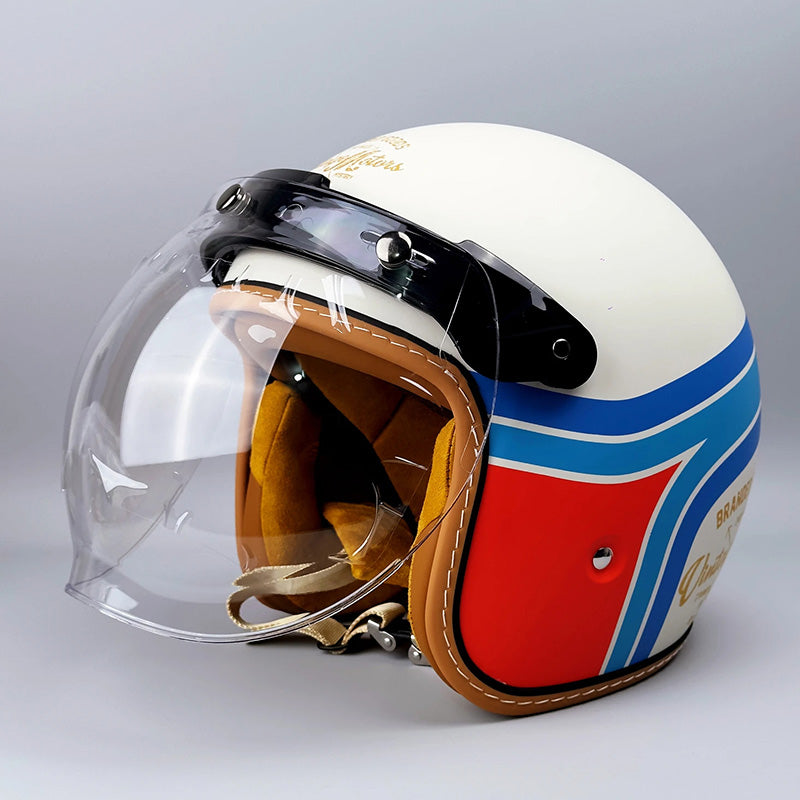 Elegant klassisk motorsykkelhjelm, unisex, med doble visirer. Trygg, ventilert MC-utstyr.