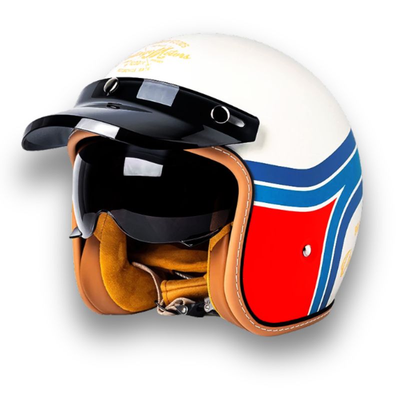 Klassisk unisex motorsykkelhjelm med doble visirer for sertifisert sikkerhet og komfort.
