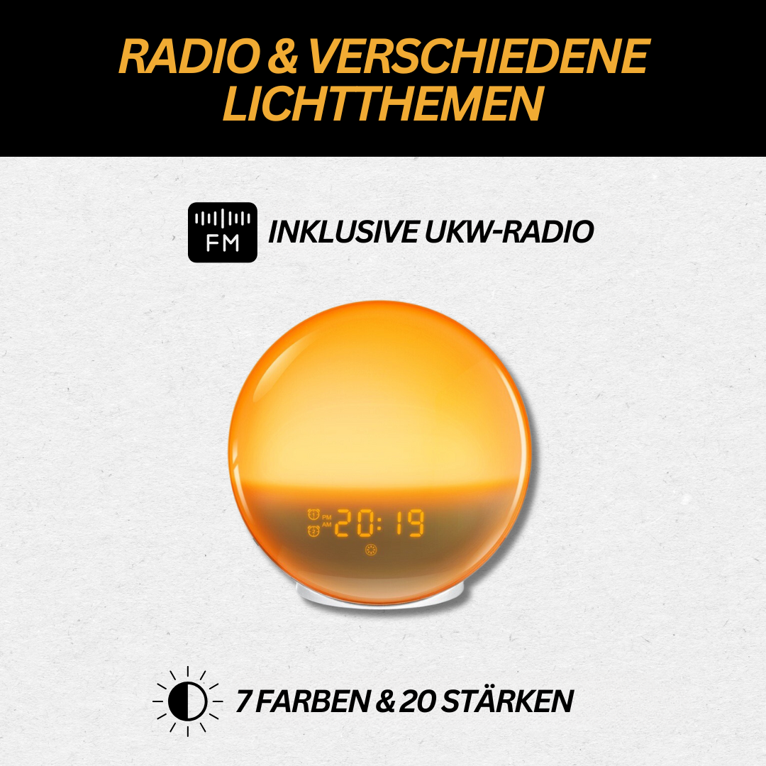 Moderne appstyrt klokkeradio med soloppgangssimulering for et harmonisk soverom. Inkluderer vekkelys.