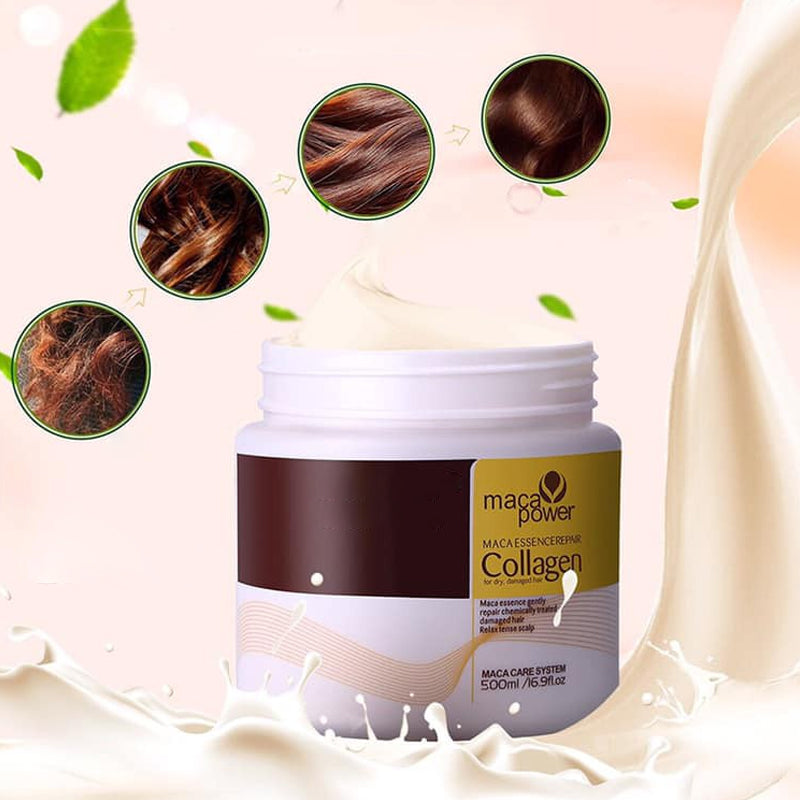 Kvinne med sunt, glansfullt hår takket være reparerende kollagen hårmaske. Anti-frizz effekt.