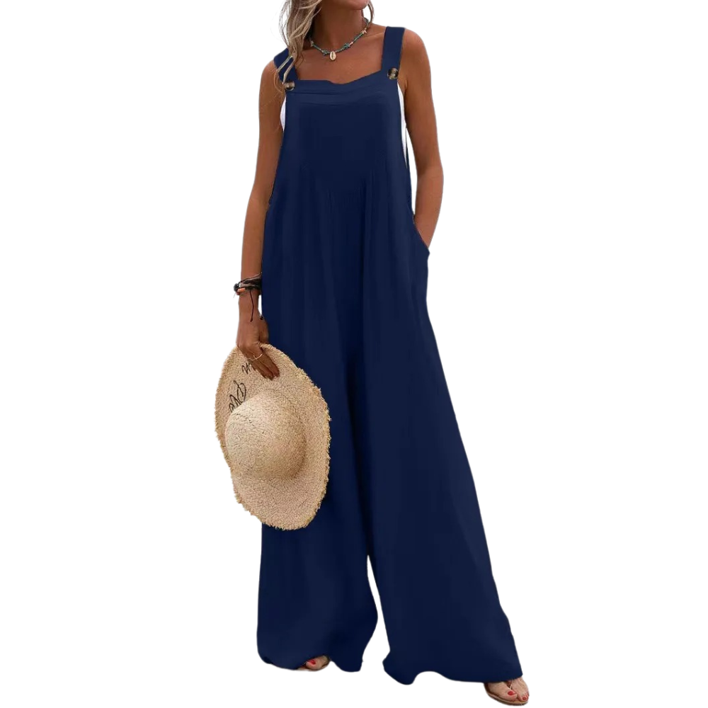 Luftig dame jumpsuit med bukseseler og vide ben, ensfarget, perfekt for varme sommerdager.