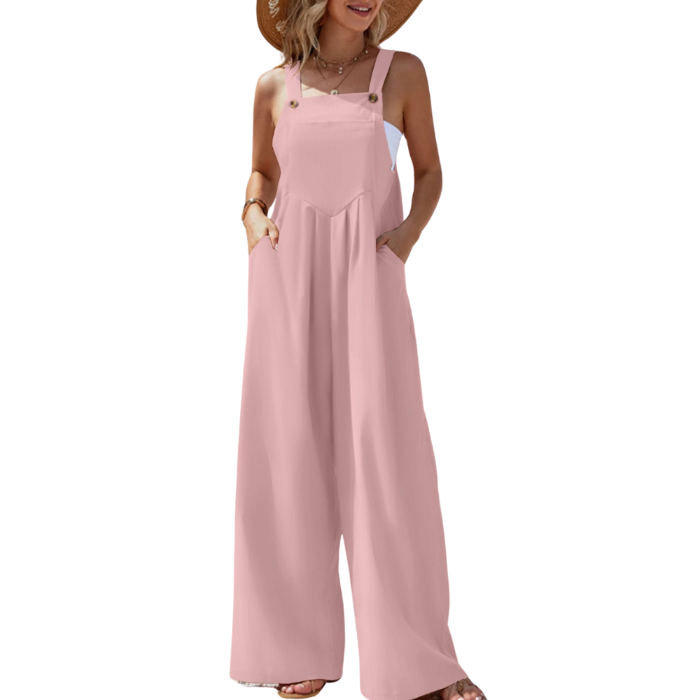 Dame jumpsuit med vide ben, løs passform og bukseseler, en stilig sommerfavoritt.