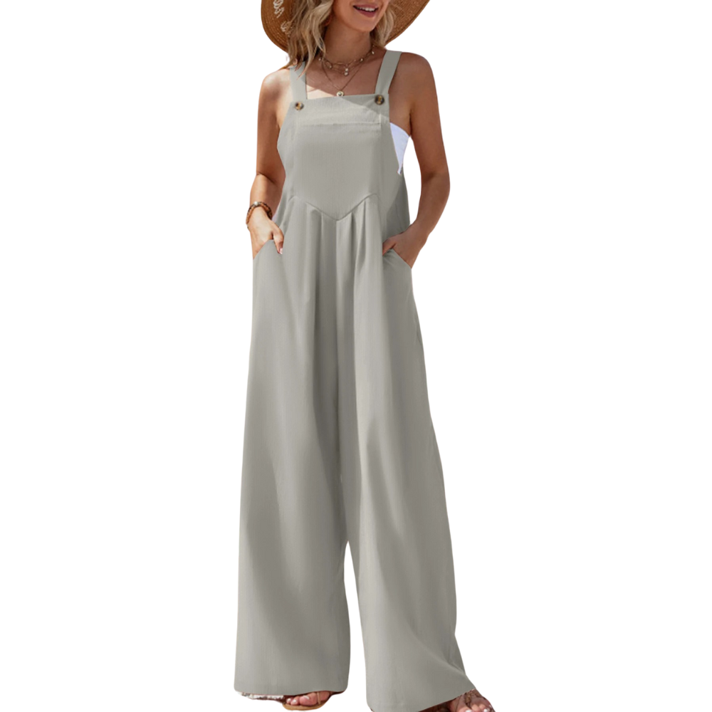 Ensfarget dame jumpsuit med bukseseler, ideell for avslappede sommerdager og ferie.