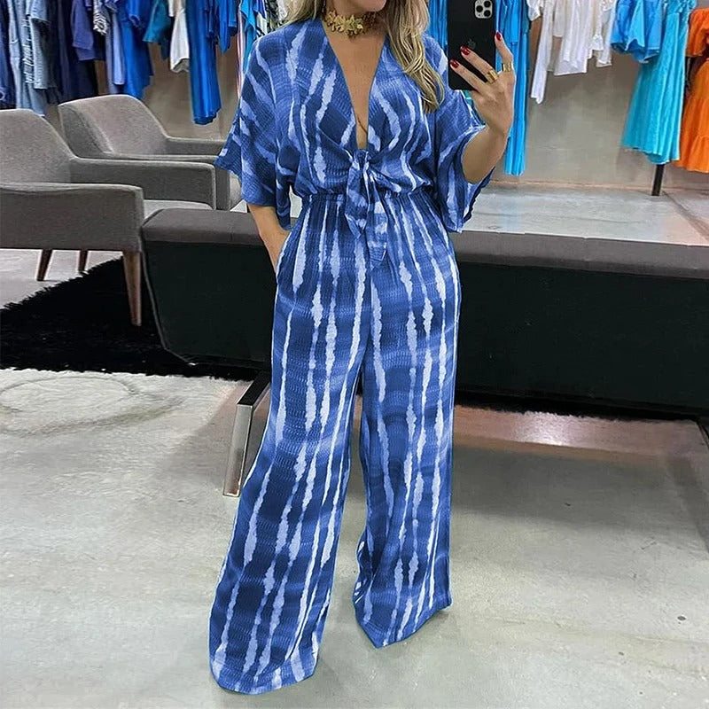 Kvinner dolman-ermet v-hals jumpsuit, vide ben, komfortabel, elegant, grønn/blå, vår/sommer, relaxed fit.