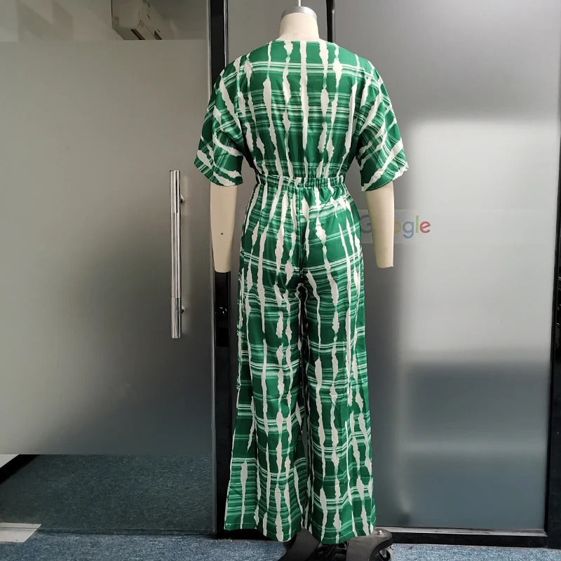 Allsidig dolman-jumpsuit for kvinner, v-hals og vide ben, ideell for både vår og sommer i grønt eller blått.