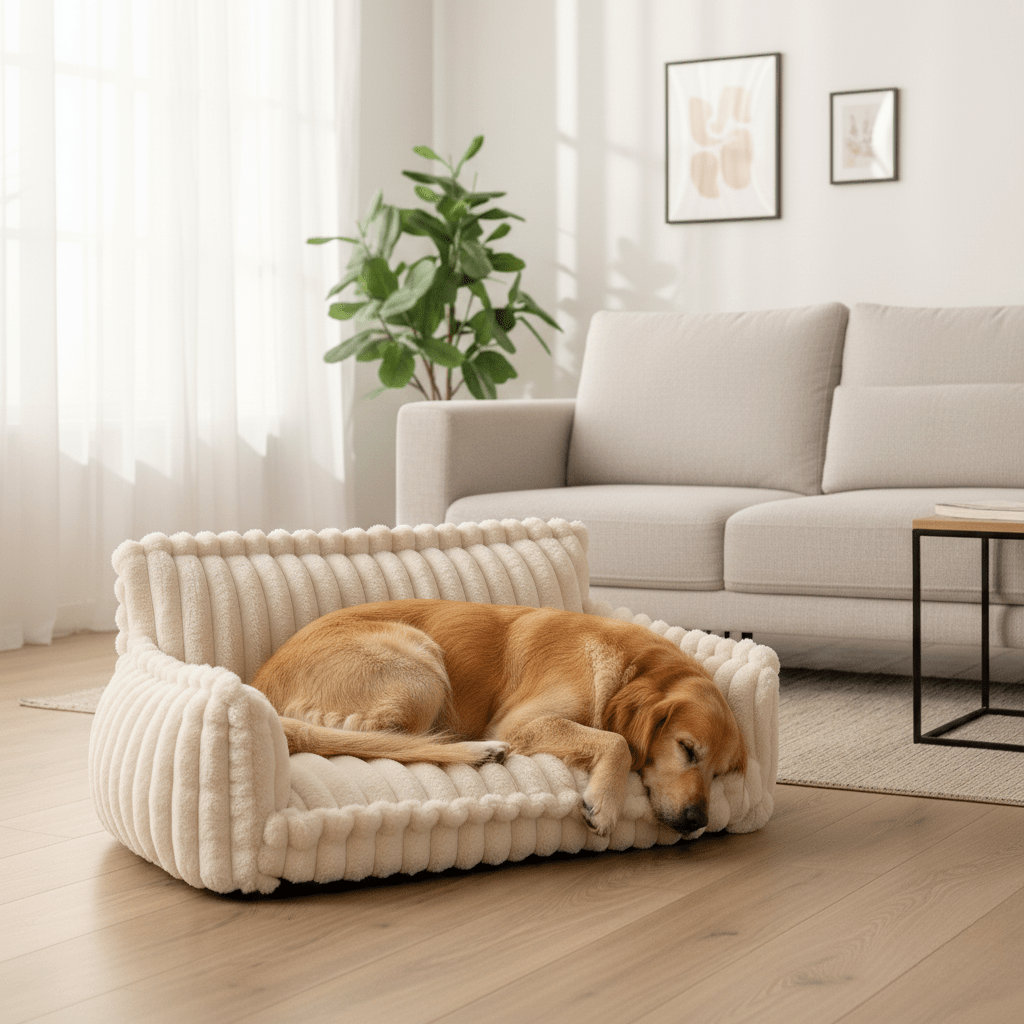 Myk hundesofa med plysjoverflate, perfekt for komfortabel hvile og avslapning for hunden din.