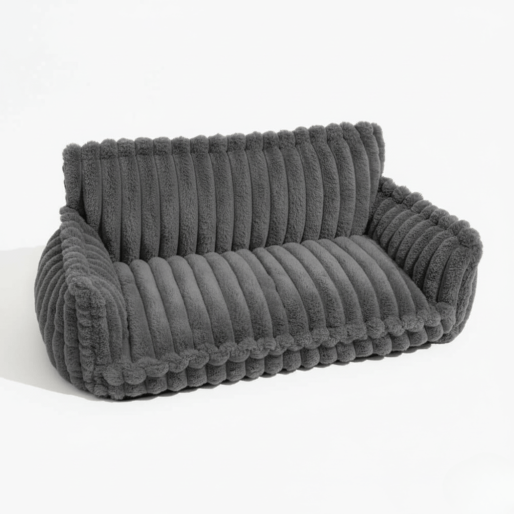 Elegant grå hundesofa med myk tekstur, gir luksuriøs hvile for alle hunder.