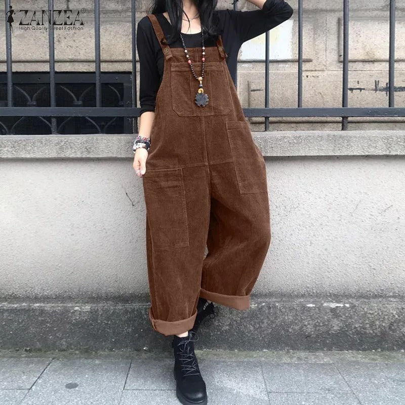 Helårs komfortabel damejumpsuit med vide ben i klassisk brun, perfekt for hverdag og fritid.