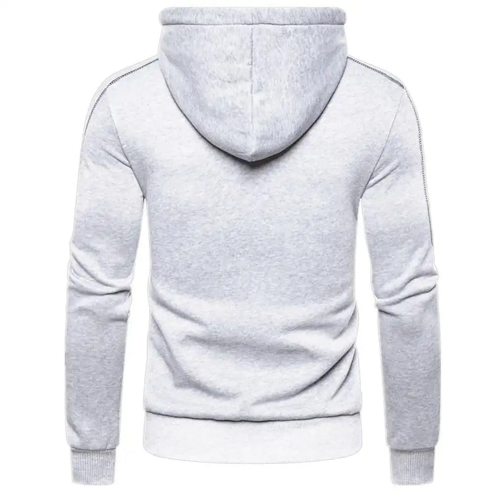 Frontbilde av en komfortabel blå hettegenser med glidelås for menn, ideell for casual stil.