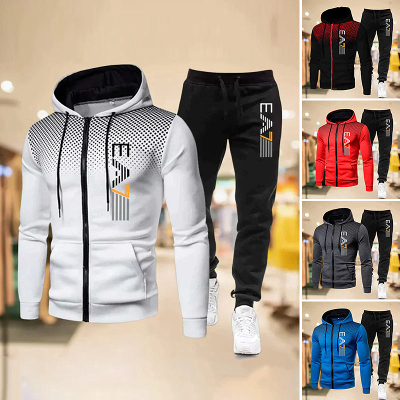 Komfortabelt joggebuksesett for menn med glidelås, perfekt for fritid og avslappet stil.