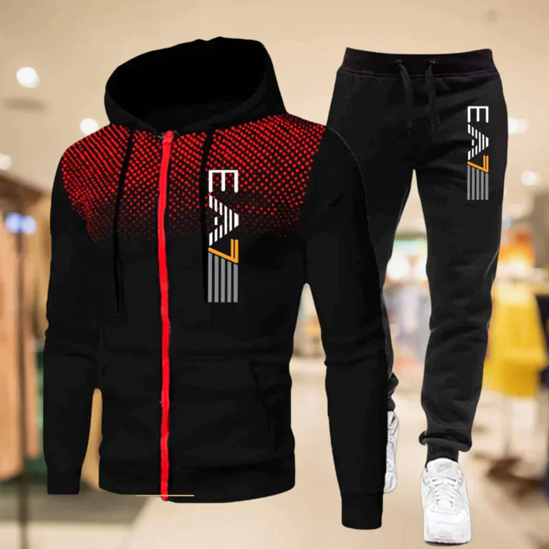 Herre joggesett med glidelåshettegenser og matchende bukse i myk polyester, for fritid.