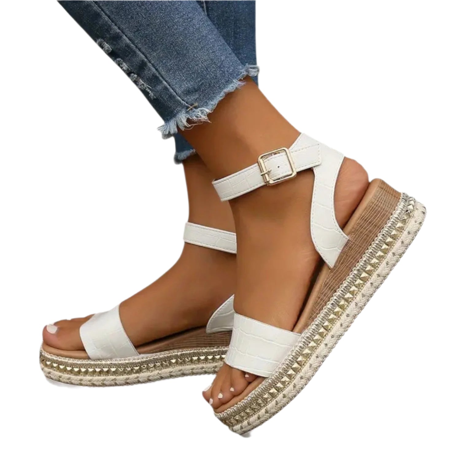 Komfortable dame sandaler med plattform og ankelstropp. Lette og stilfulle sommer sandaler for fritid og hverdag.