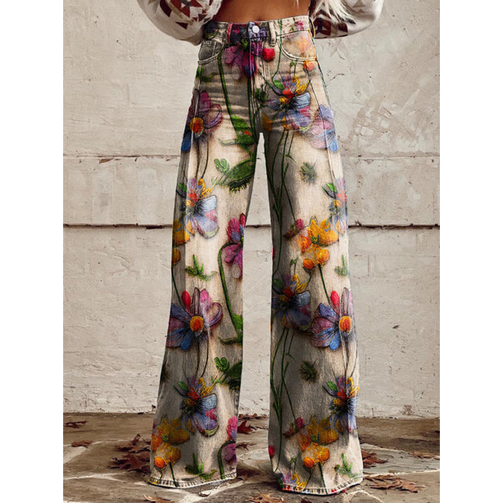 Myke polyesterbukser for damer med levende blomster- og mønsterdesign, ideelle for komfort.