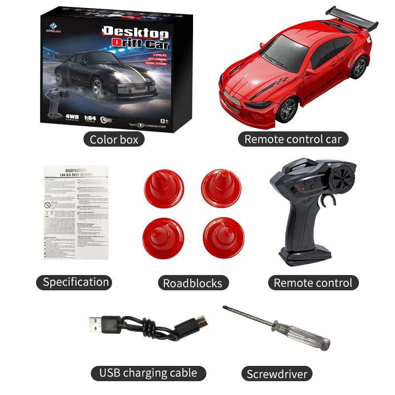 1:64 RC driftbil i salgspakke, klar til å pakkes opp for spennende innendørs driftlek.
