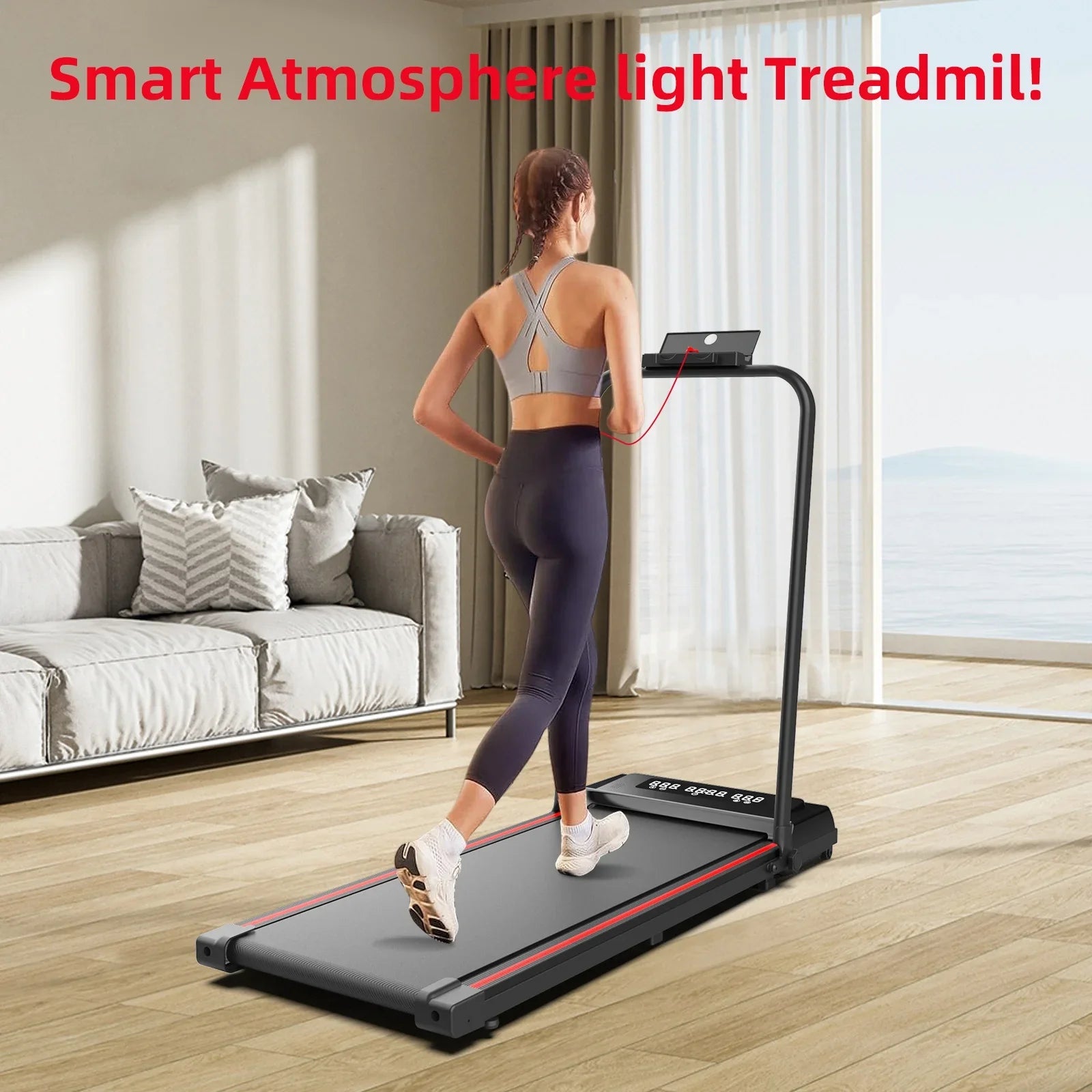 Person løper på en moderne, kompakt tredemølle; perfekt for innendørs fitness og daglig trening hjemme.