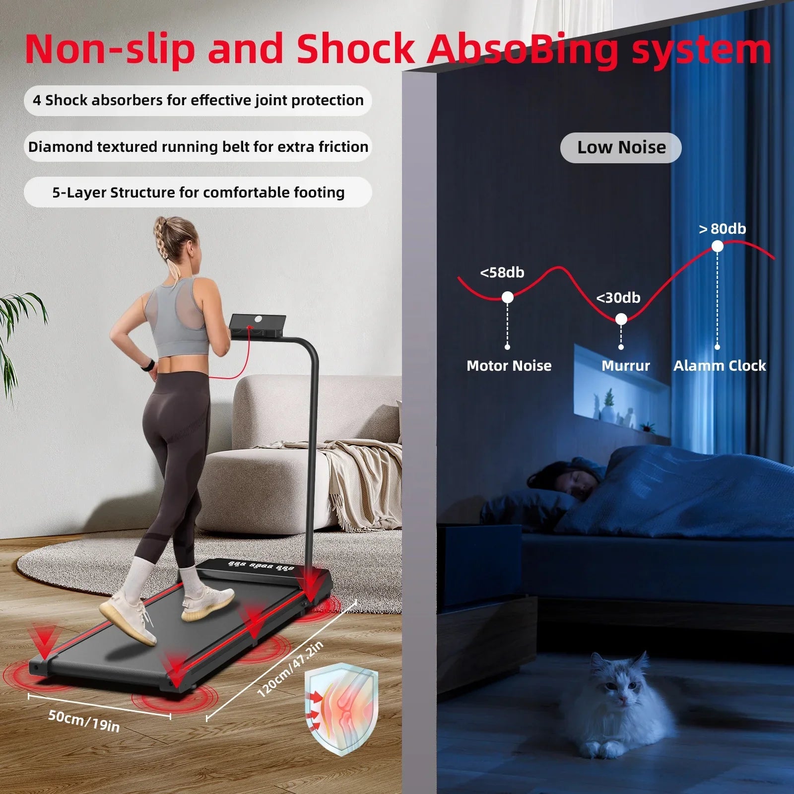Elegant, sammenleggbar tredemølle med moderne design, klar til bruk for innendørs arbeidstrening og fitness.