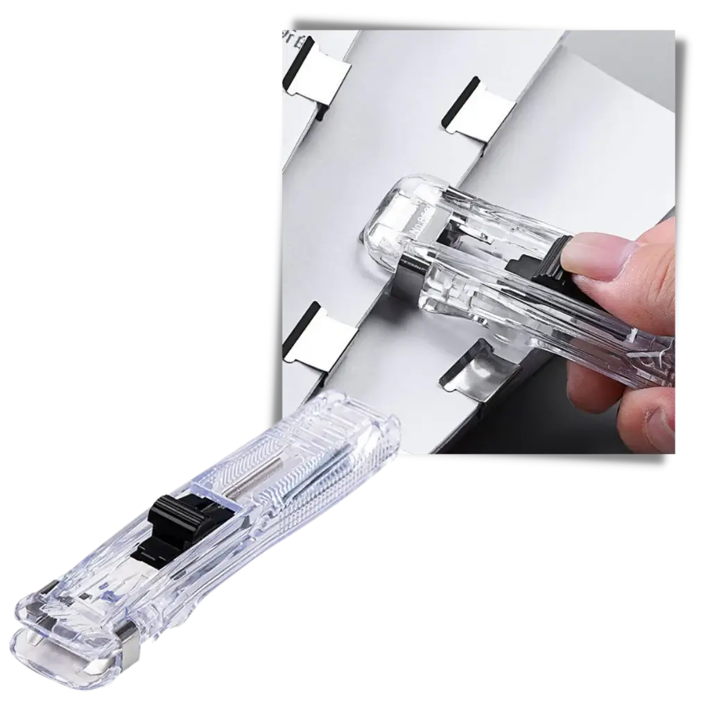 Innovativ klemmestifter for stiftfri papirbinding. Perfekt for skadefri dokumentorganisering.