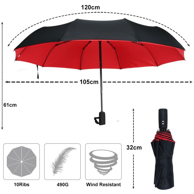Åpen, vindtett stormparaply viser robust design og automatisk åpne-/lukke-funksjon. Holdbar for regn.