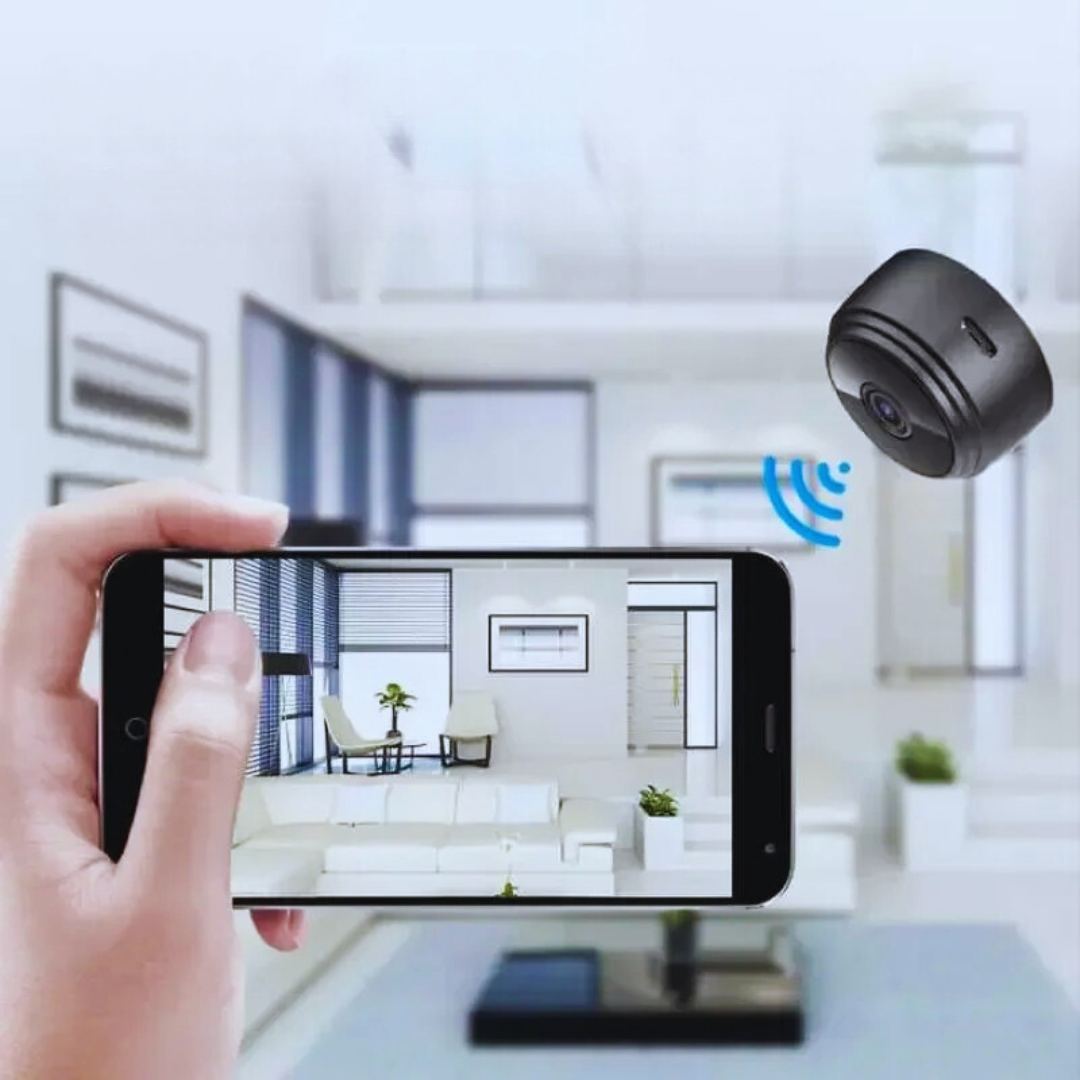 Hjemmesikkerhetskamera: Kompakt HD overvåkningskamera med WiFi og varsler ved bevegelse.