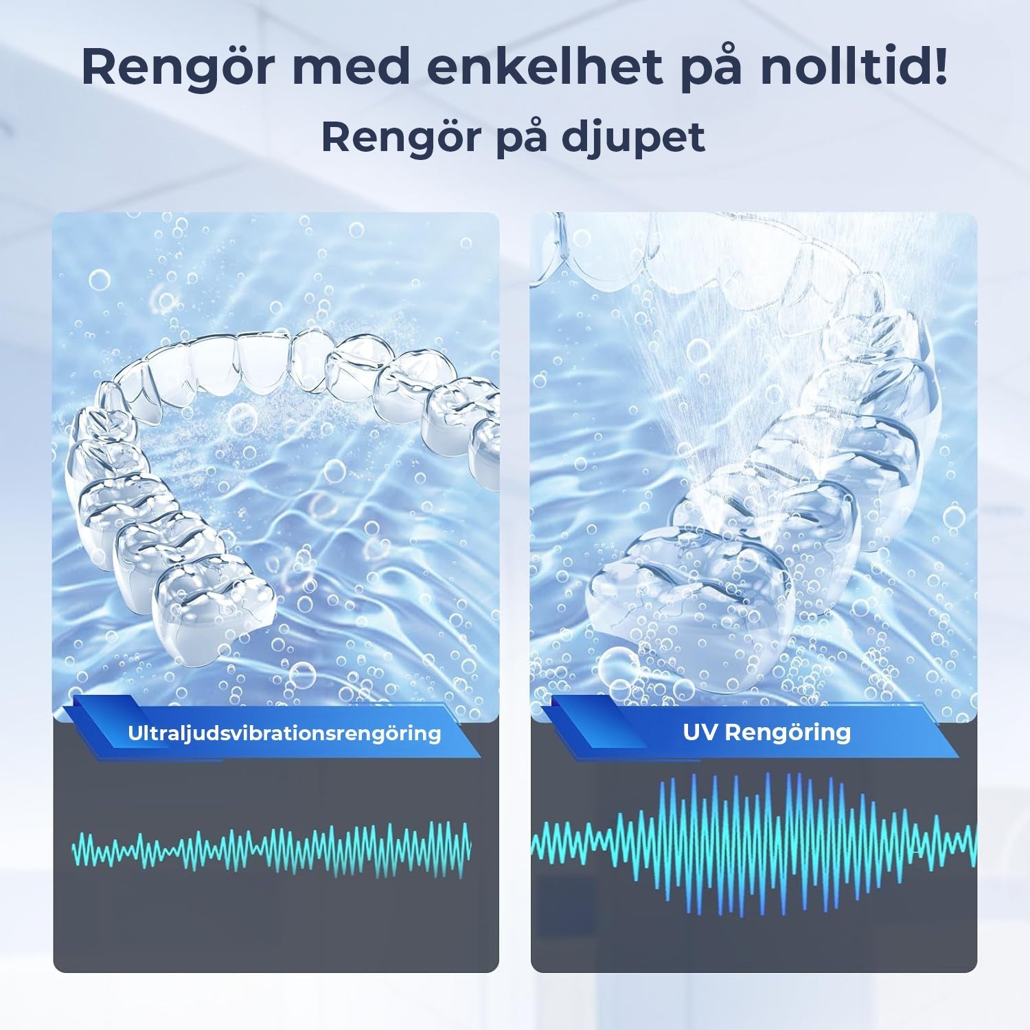Nærportrett av kompakt ultralydrenser for proteser og biteskinner. Dyprenser med UV-sterilisering.