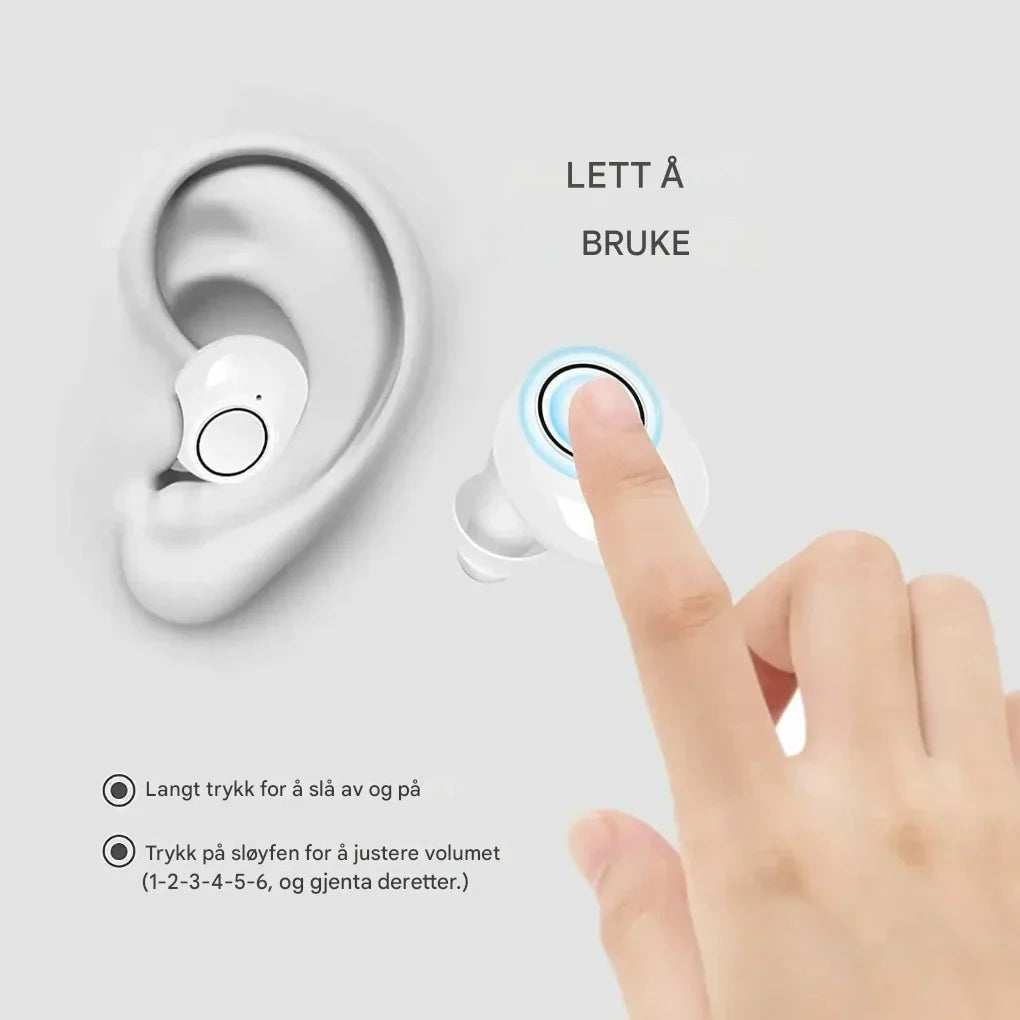 Diskré in-ear høreapparater, oppladbare for enkel bruk, forsterker lyd og forbedrer hørselen komfortabelt.