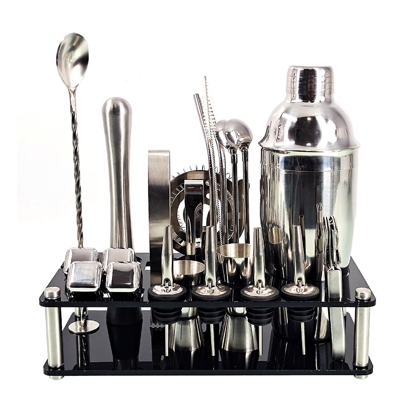 Komplett 23-delers bartender kit i rustfritt stål for profesjonell cocktailmiksing og hjemmebar.