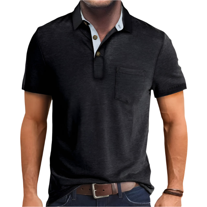 Kortermet fargeblokk herreskjorte i polyester, komfortabel og trendy for sommeren.