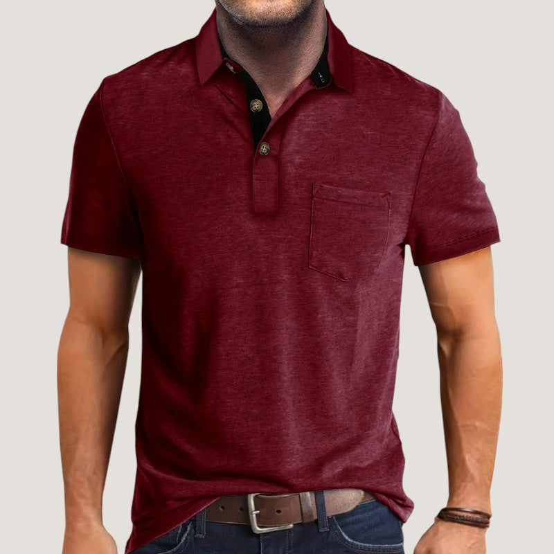 Lett polyester kortermet herreskjorte med fargeblokkdesign, trendy fritidsplagg.