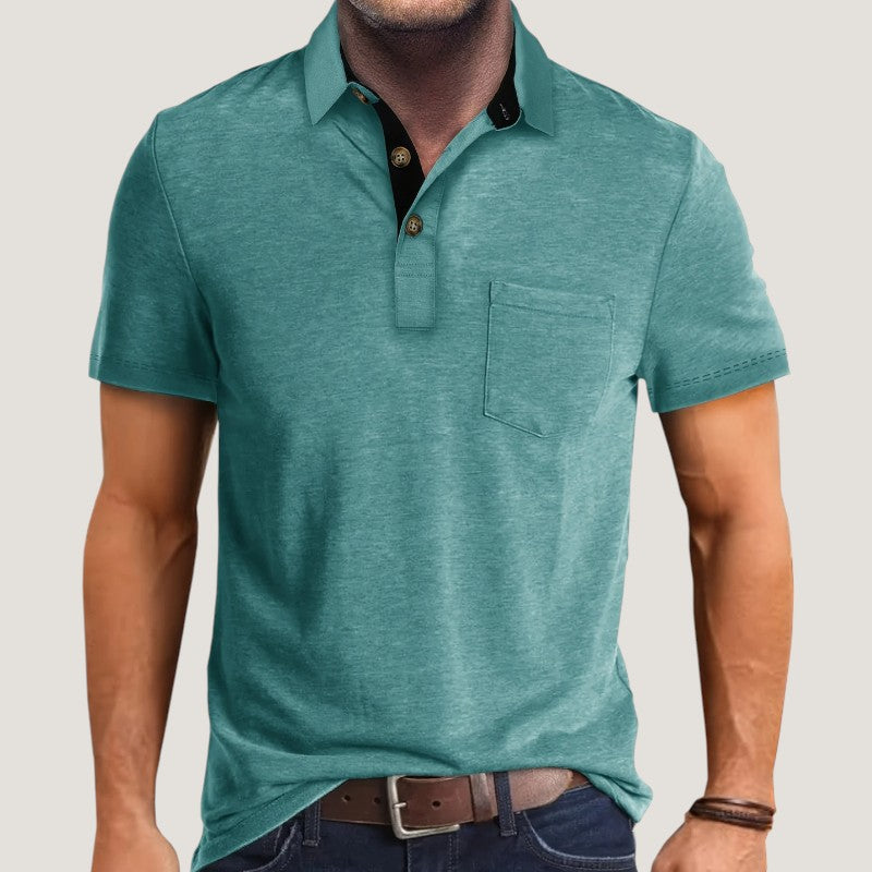 Fargeblokk kortermet herreskjorte, trendy og komfortabel sommerskjorte i polyester.
