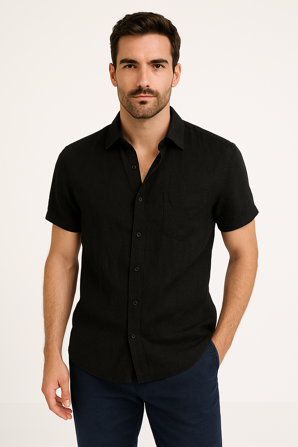 Komfortabel kortermet herreskjorte i polyester, ideell for en lett og avslappet sommerstil.