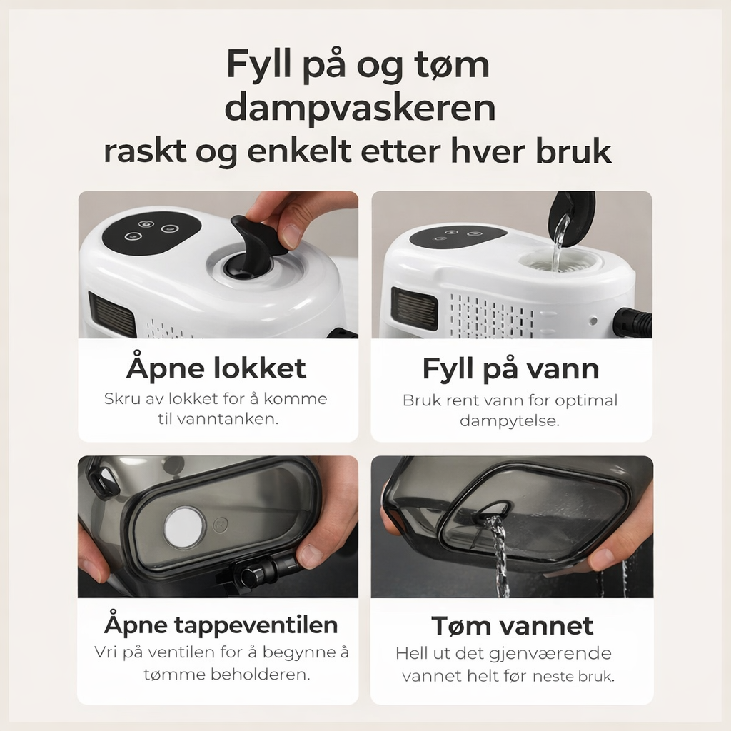 Dampvasker rengjør kjøkken- og baderomsflater, fjerner fett, smuss og kalk uten kjemikalier. Kjemikaliefri hygiene.