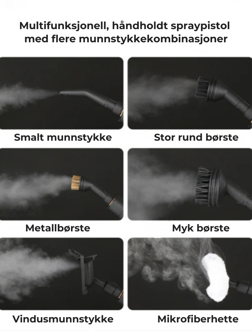 Effektiv flekkfjerner; dampvasker fjerner inngrodde flekker fra tepper, møbler og gulv. Inkluderer dyprens.