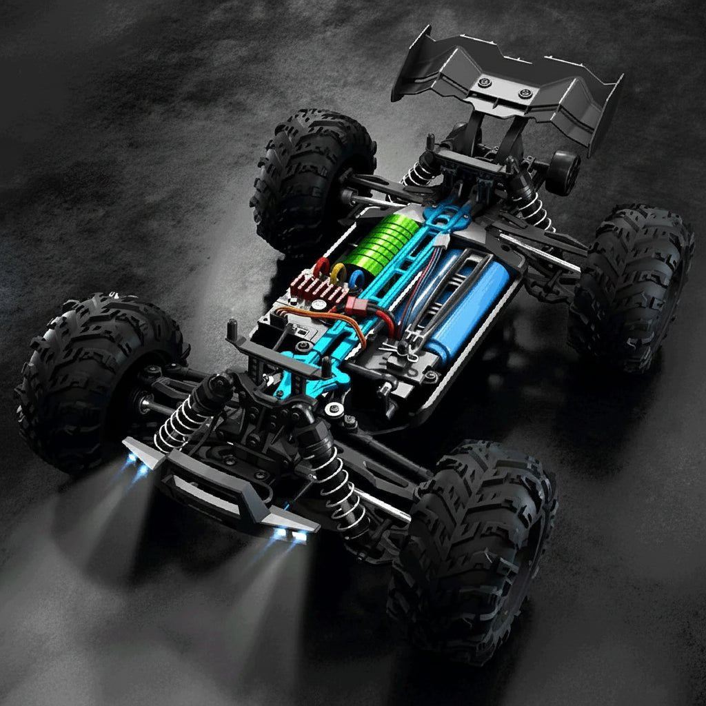 Høyhastighets elektrisk 4WD terrengbil med kraftige LED-lys. Ideell fjernstyrt RC lekebil for utendørs moro.
