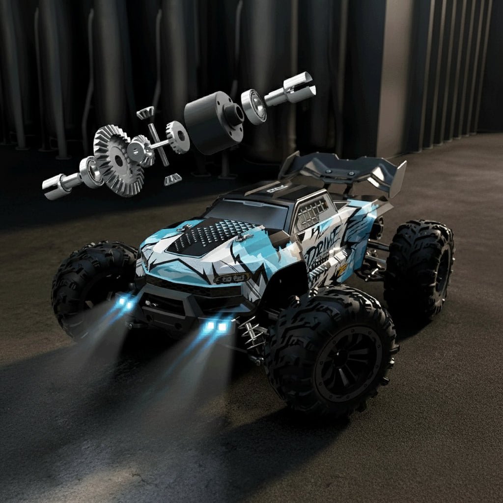 Tøff elektrisk terrengbil, 4WD med LED-lys, klar for eventyr. Kraftig fjernstyrt RC lekebil for utendørs bruk.