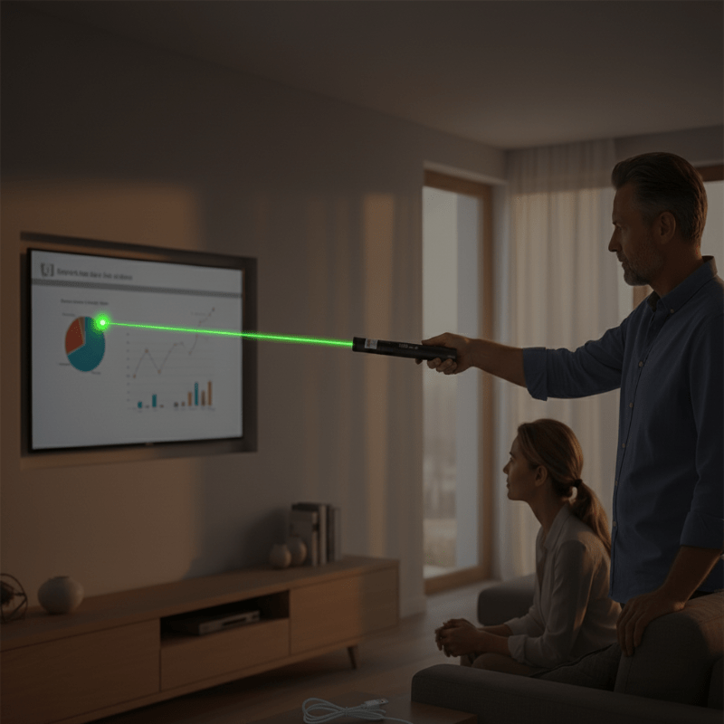 USB-oppladbar laserpeker med robust metallhus, justerbar fokus og sikkerhetslås.