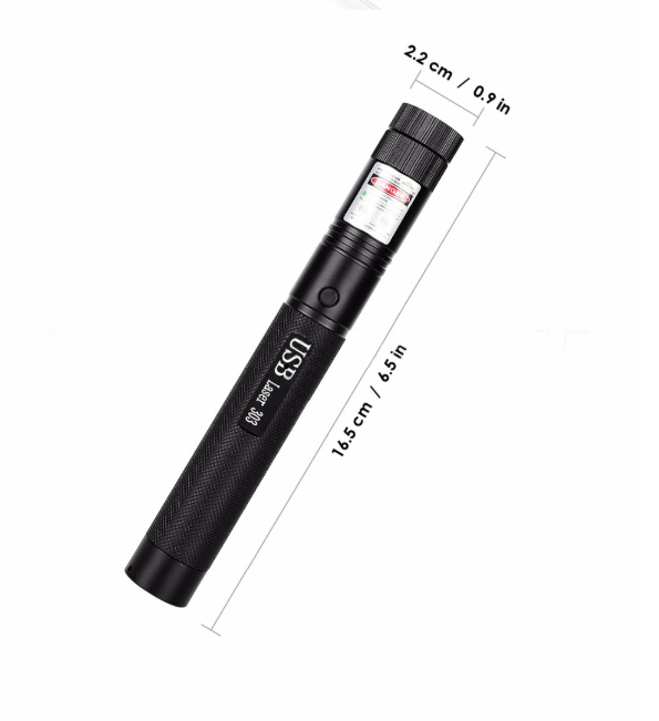 Grønn laserpeker med justerbar fokus, USB oppladbar, lang rekkevidde og robust metallhus.
