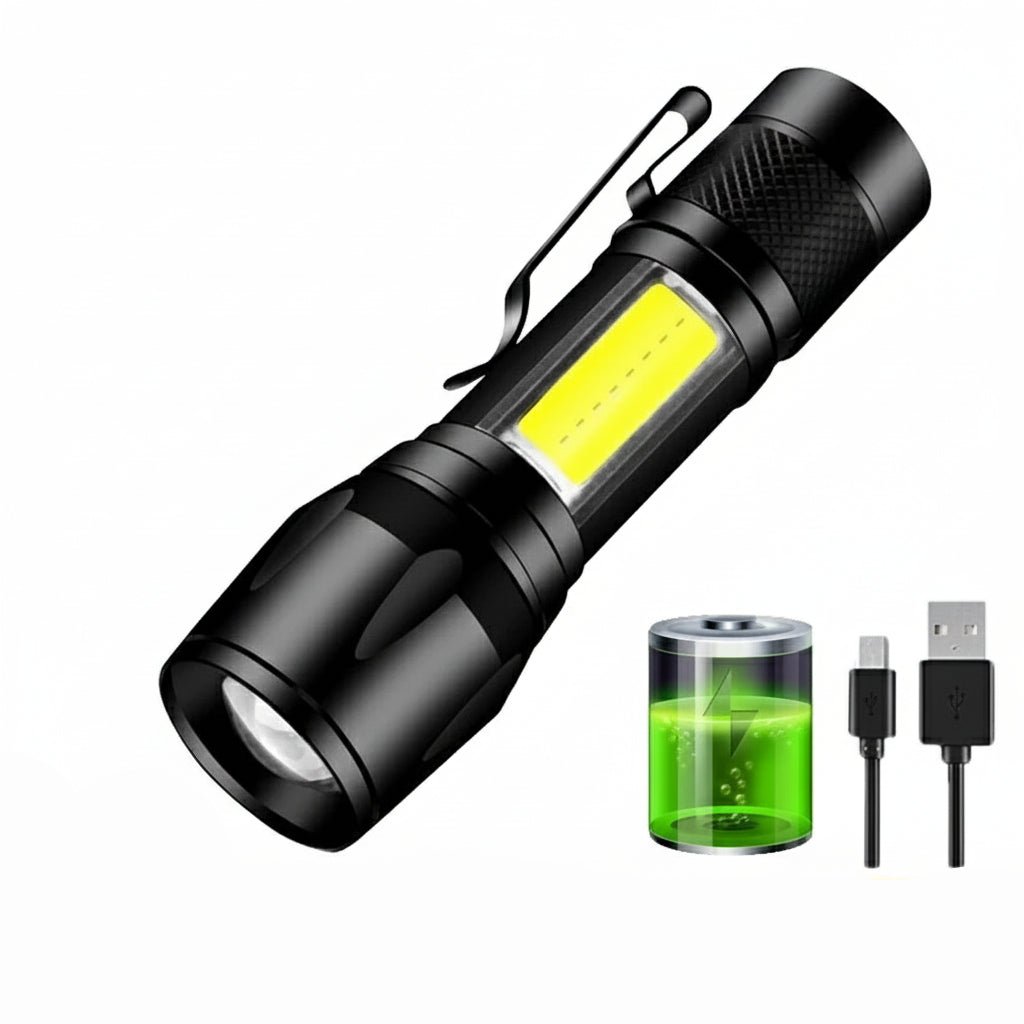 Kraftig LED-lommelykt for utendørs bruk; oppladbar, vanntett og med høy lysstyrke for camping.