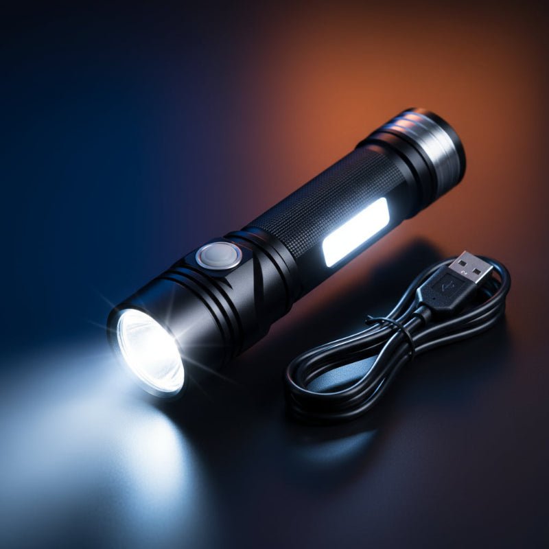 Robust aluminium LED-lommelykt, perfekt for friluftsliv og nødlys; høy lysstyrke og vanntett design.