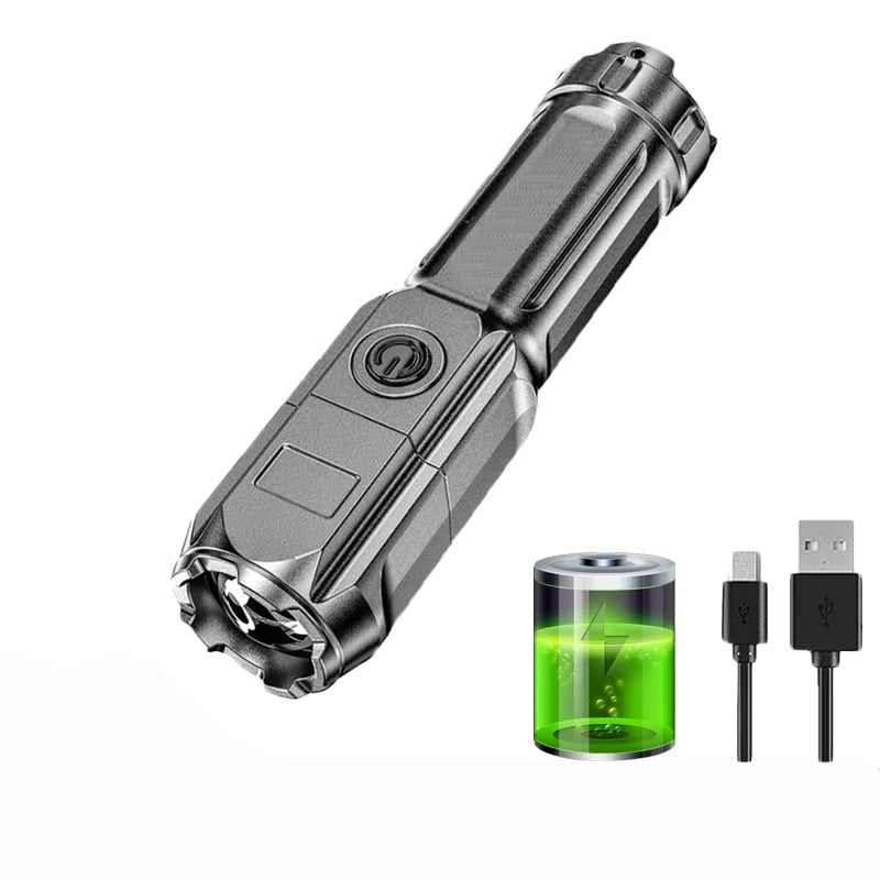 Oppladbar LED-lykt med ekstremt høy lysstyrke, ideell for camping, turgåing og utendørs belysning.