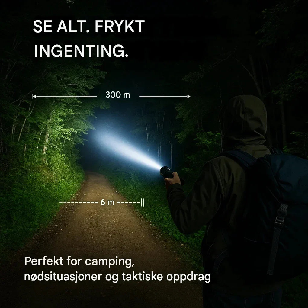Ergonomisk kraftig lommelykt, oppladbar med 100 000 lumen, designet for sikkert grep under utendørs aktiviteter.