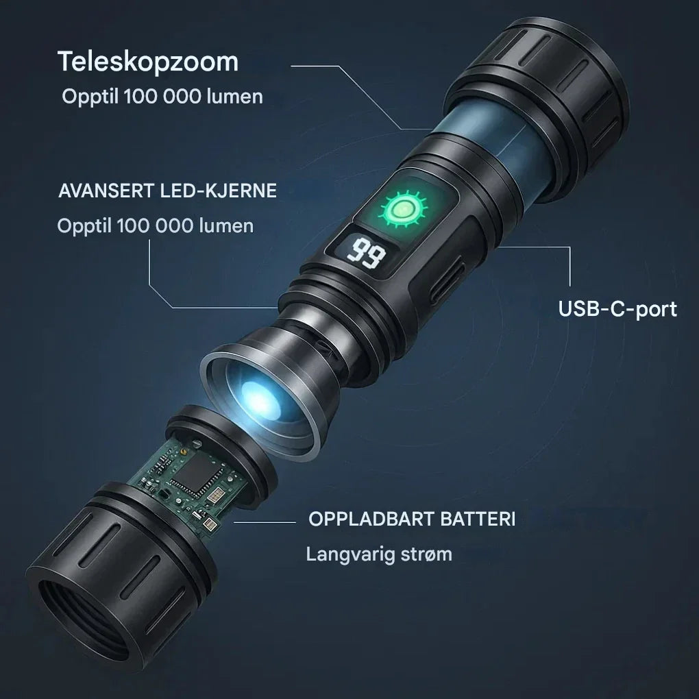 Vanntett lommelykt i bruk, lyser med 100 000 lumen for pålitelig belysning under alle værforhold.