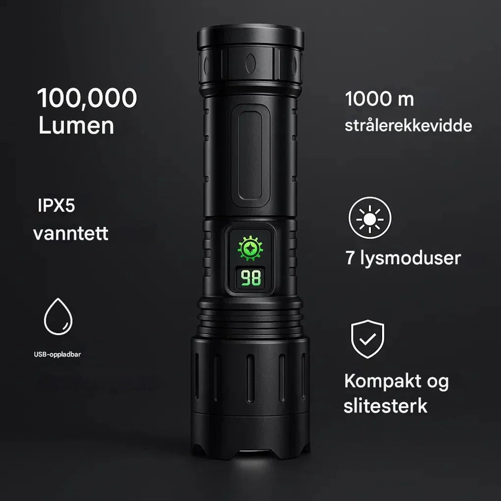 Kraftig oppladbar lommelykt med 100 000 lumen og funksjonelt tilbehør, klar for taktisk og utendørs bruk.
