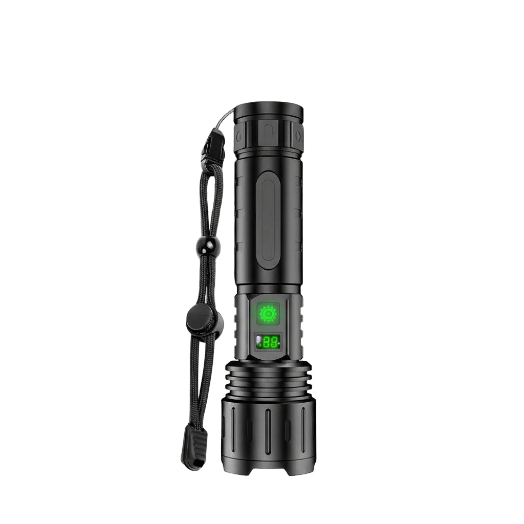 Kraftig lommelykt med 100 000 lumen LED-lys for utendørs aktiviteter, camping og fotturer. Allsidig og oppladbar.