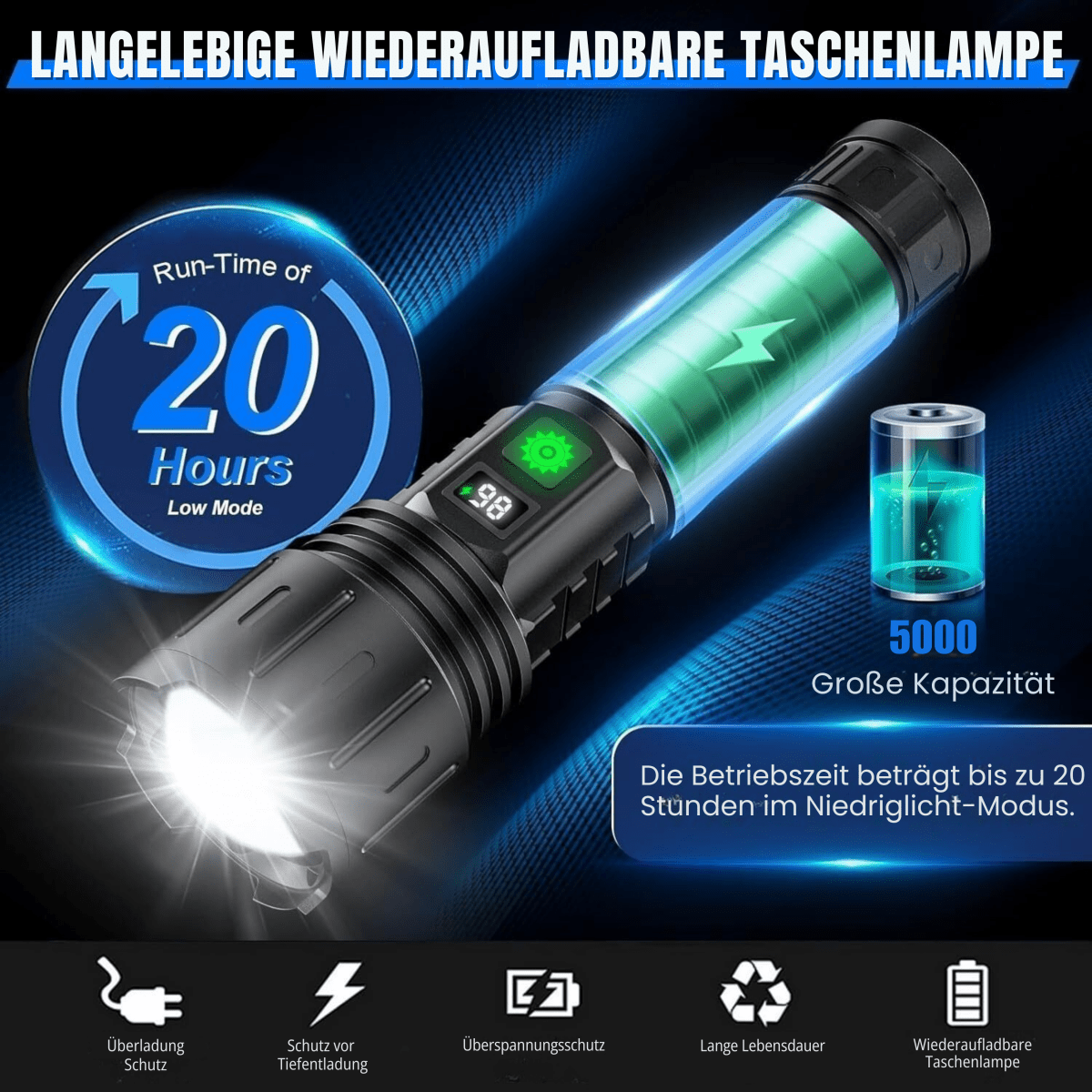 Vannavstøtende lommelykt 100 000 lumen. Ideell for camping, fotturer og nødbelysning i all slags vær. Kraftig lys.