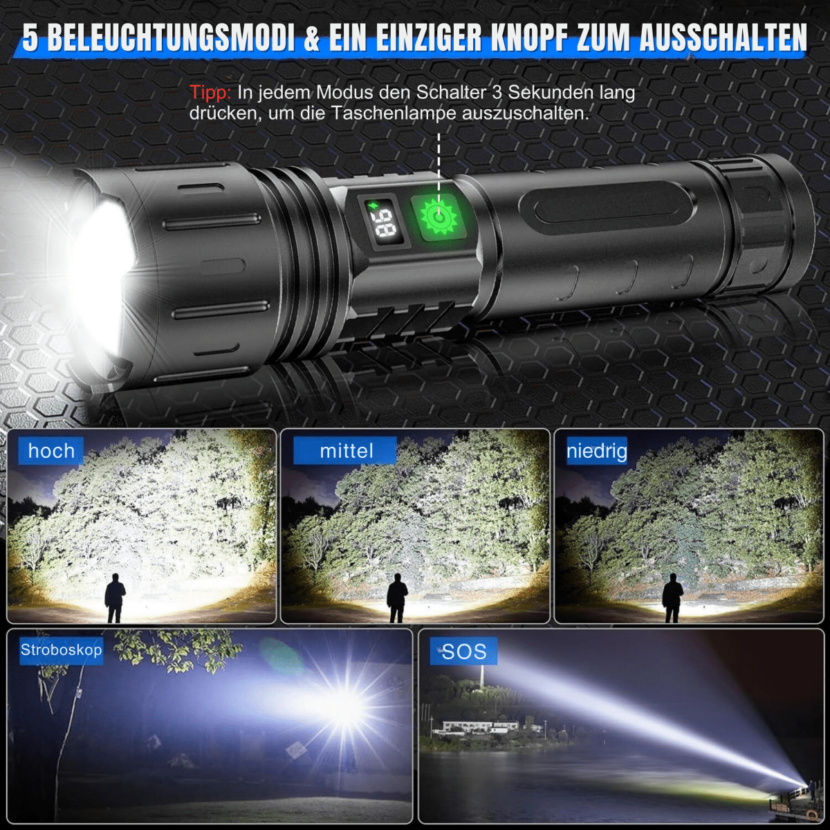 Lommelykt 100 000 lumen LED-lys. Gir kraftig belysning for trygge fotturer og utendørs eventyr i mørket.